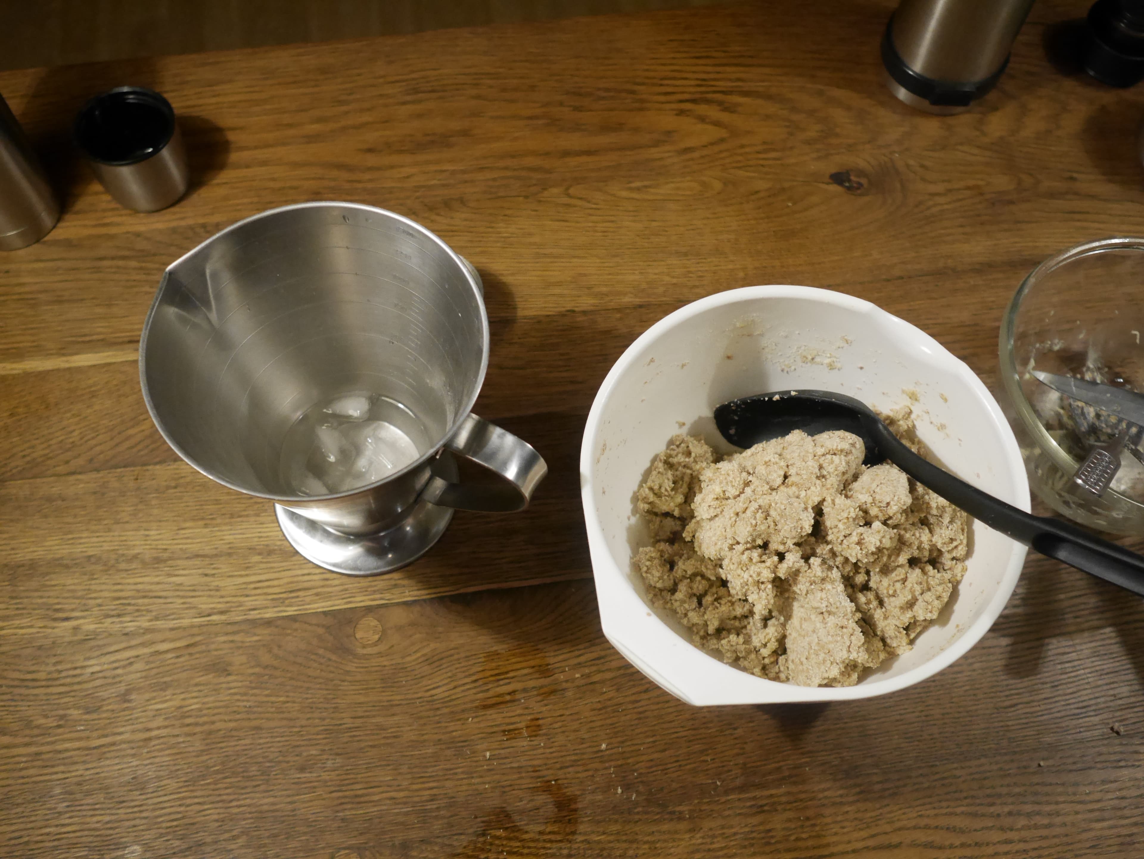 Ice water ready to be mixed into the butter and flour mixture.