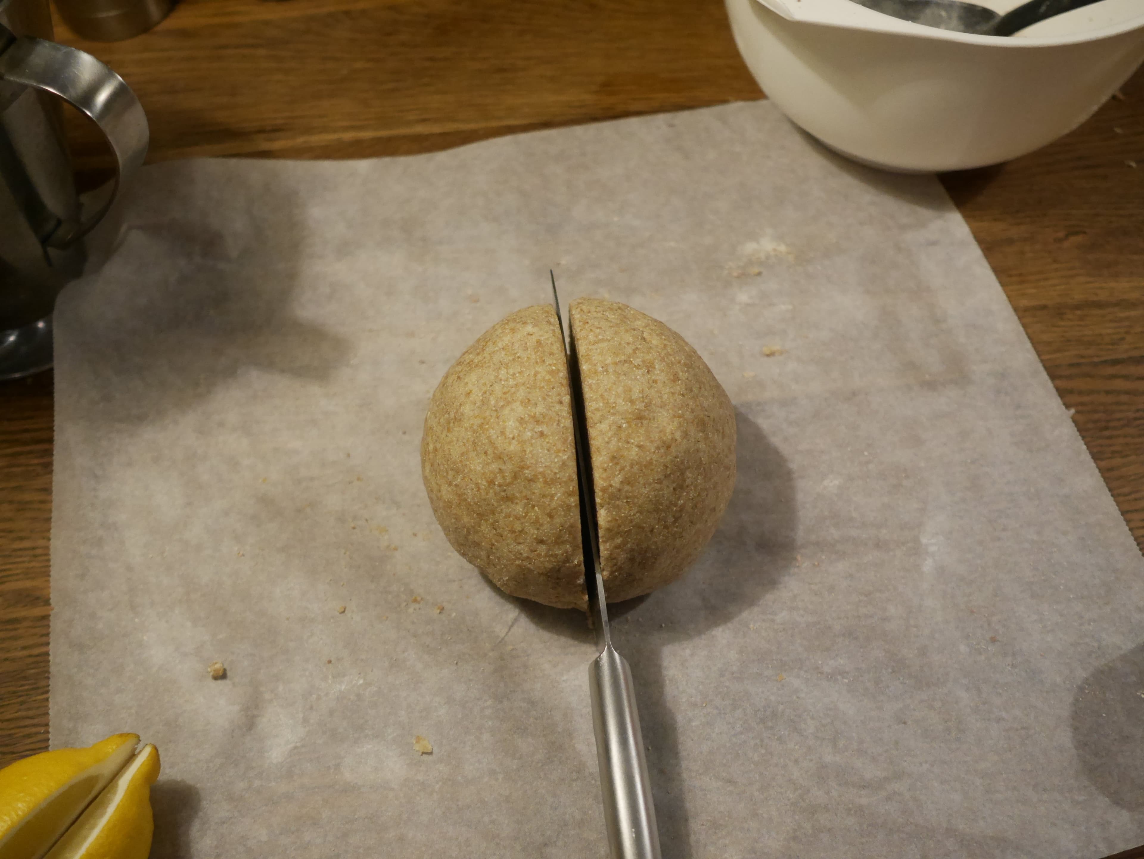 A ball of dough cut in half.