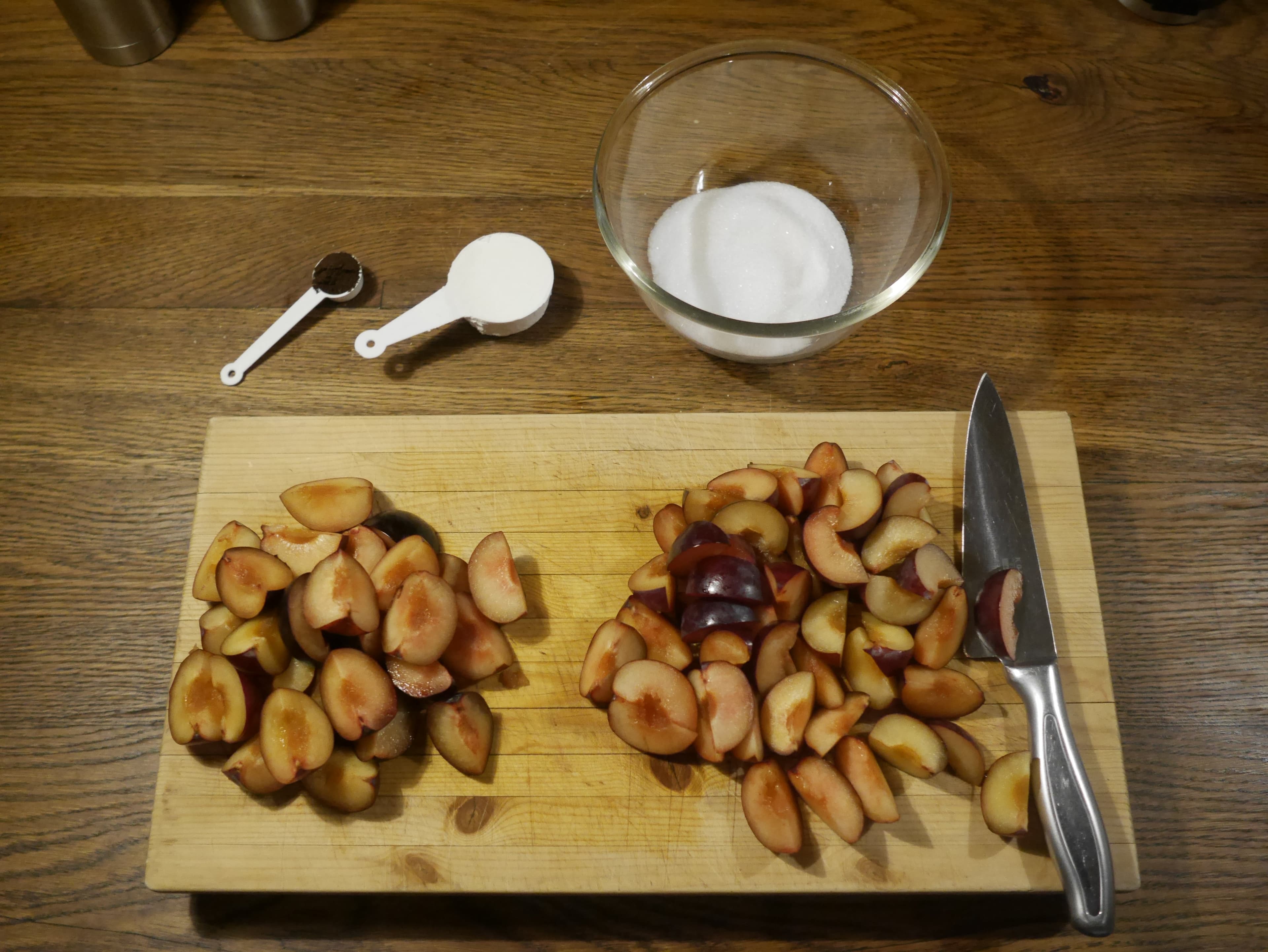 Ingredients measured out for making plum pie filling.