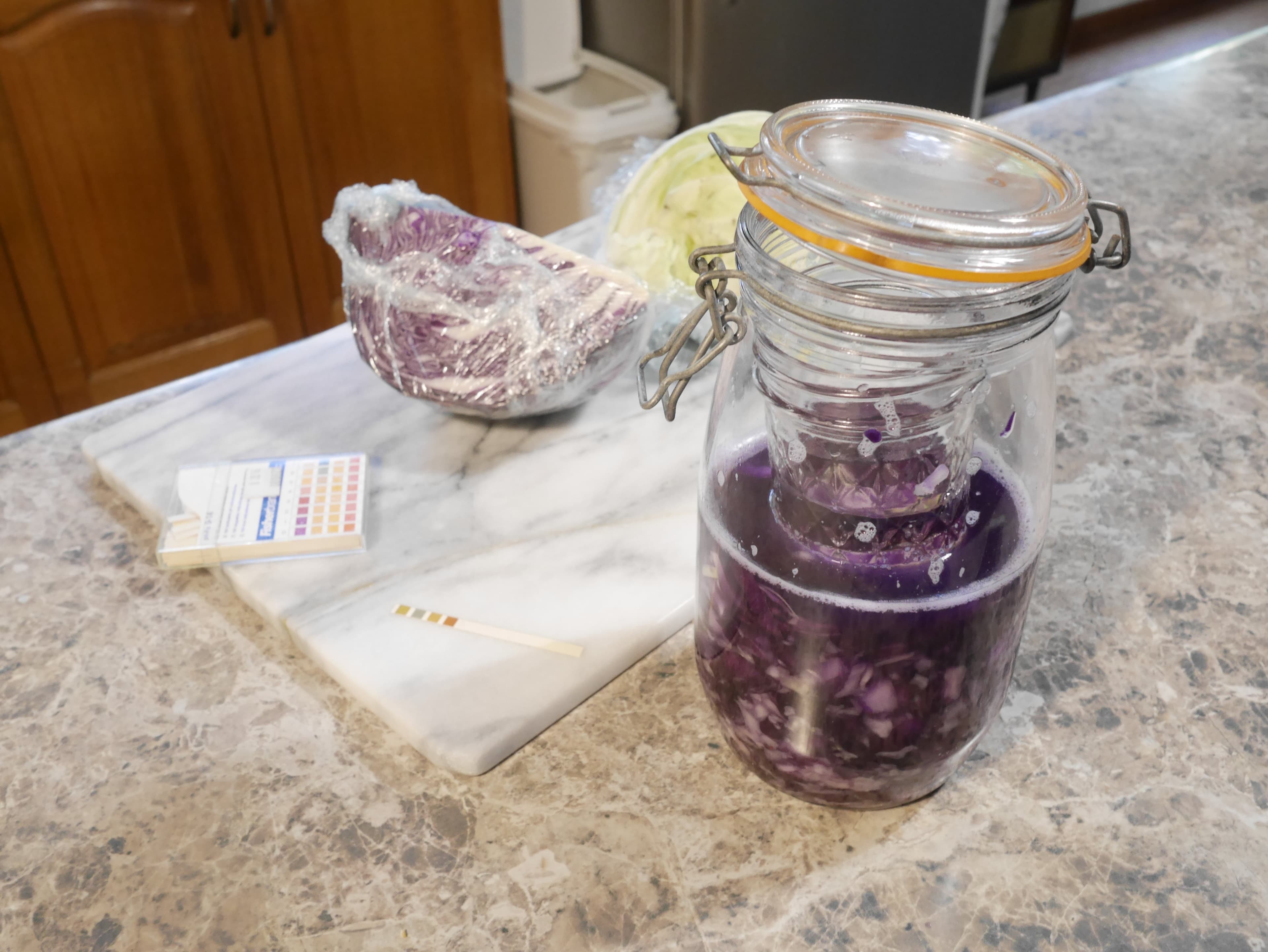 A jar of cabbage fermenting with a pH strip beside it.